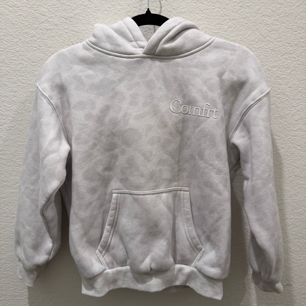 Comfrt Kids Cloud Hoodie Grey Leopard Print Unisex Pullover Sweatshirt Size M